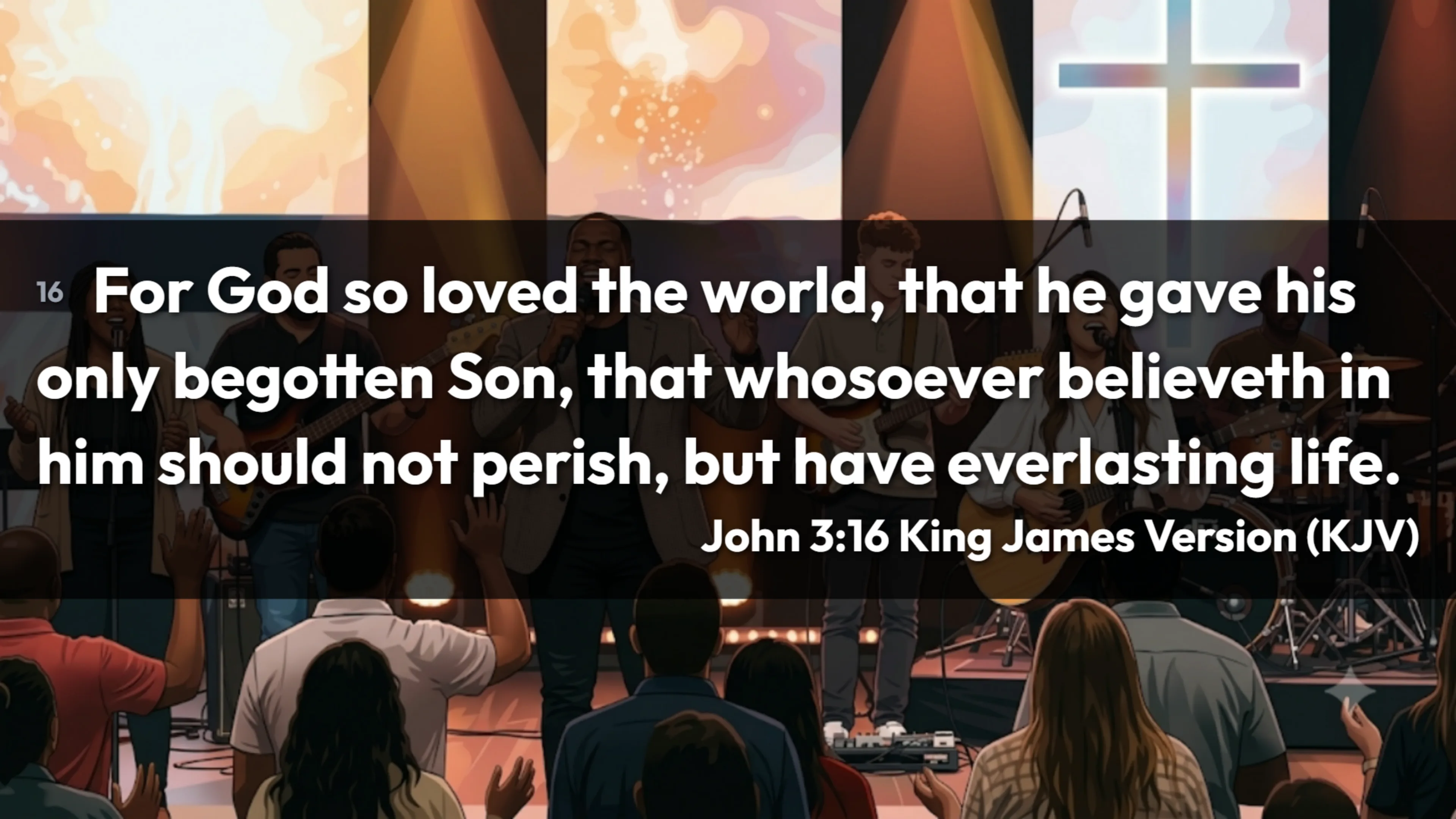 Prompter output: a scripture verse at a comfortable reading size over the video