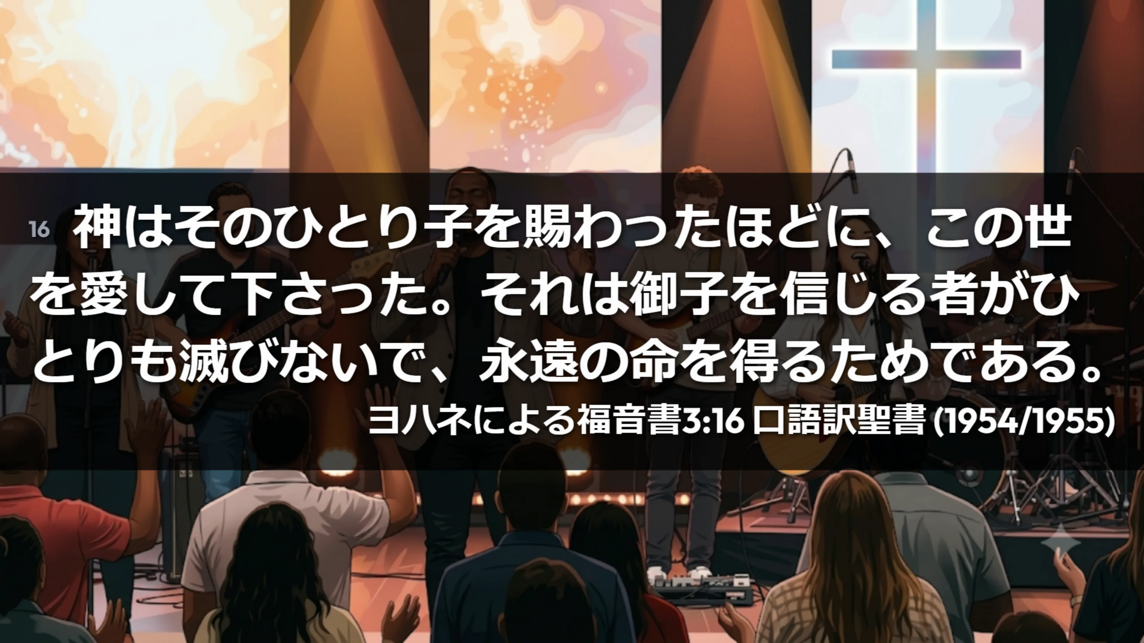 プロンプター出力。映像の上に、読みやすい大きさで聖句