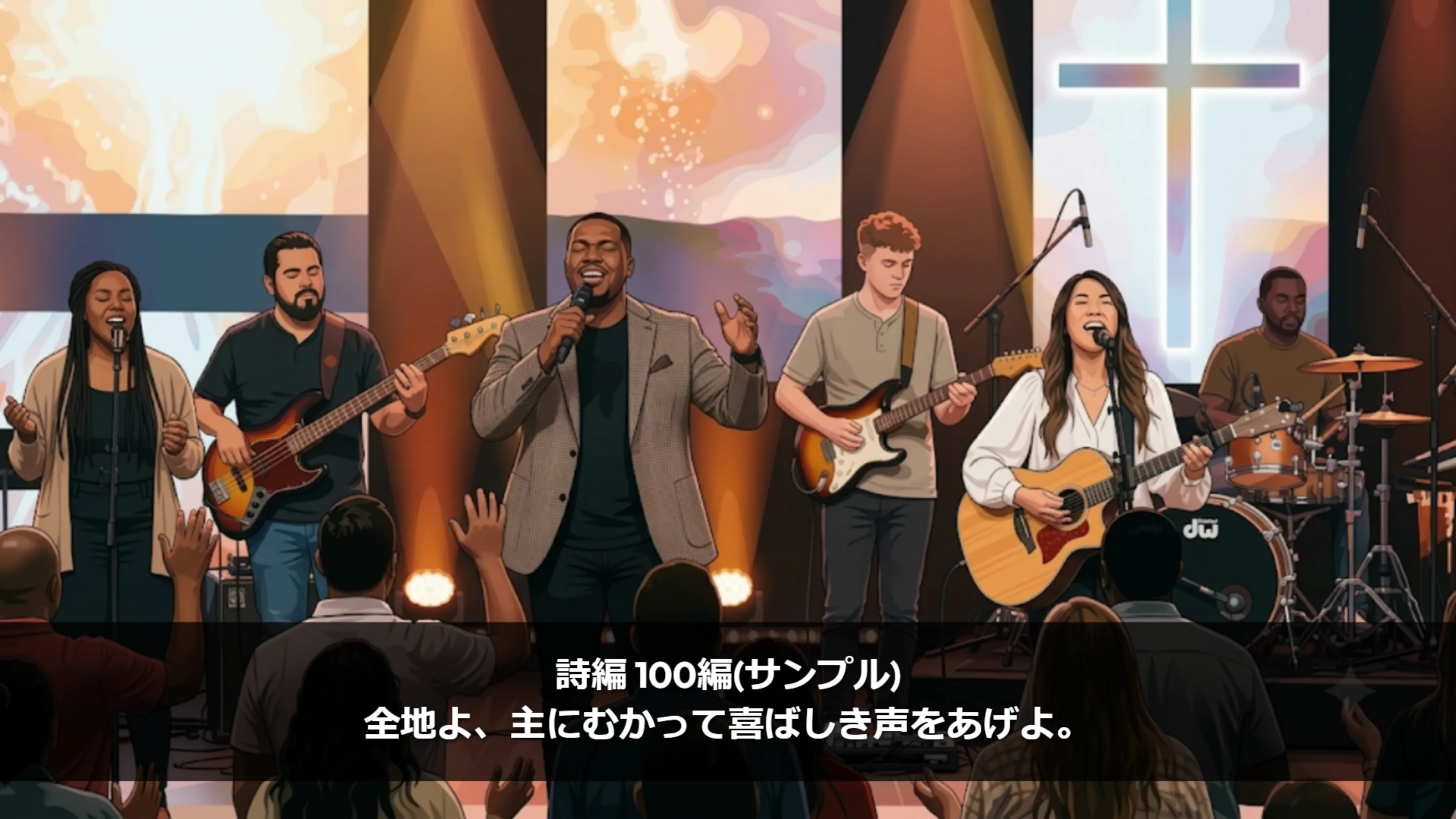 ステージ出力に投影した賛美歌の歌詞